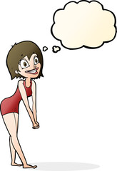 cartoon excited woman with thought bubble