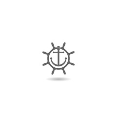 Ship steering wheel with anchor inside icon with shadow