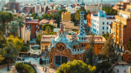 Tilt-shift photography of the Barcelona. Top view of the city in postcard style. Miniature houses, streets and buildings