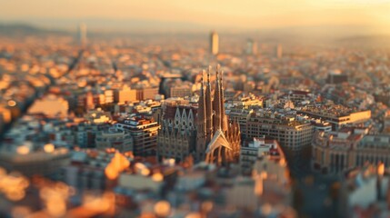 Tilt-shift photography of the Barcelona. Top view of the city in postcard style. Miniature houses, streets and buildings