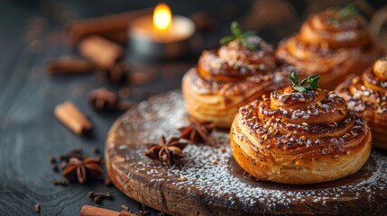 Traditional Swedish cardamom and cinnamon buns. Delicious Swedish traditional cinnamon rolls. Scandinavian cuisine. - obrazy, fototapety, plakaty