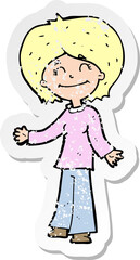 retro distressed sticker of a cartoon happy woman