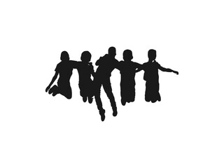 A group of happy jumping children. Silhouette of jumping and standing school students in full growth. Back to school. Silhouettes of children playing isolated on a white background.