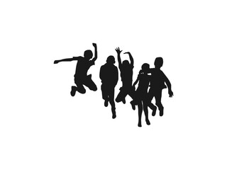 A group of happy jumping children. Silhouette of jumping and standing school students in full growth. Back to school. Silhouettes of children playing isolated on a white background.