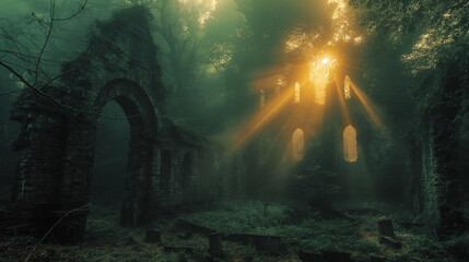 A dilapidated stone church with sunlight streaming through in a misty forest.