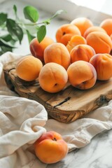Apricots on rustic wooden choppingbaord. High-key counter top background.