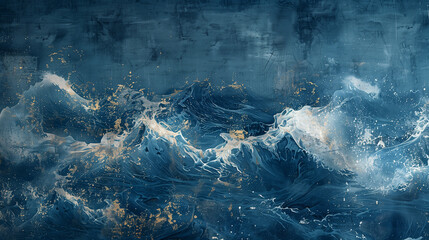 Dynamic abstract painting capturing the powerful movement of ocean waves, highlighted by striking gold leaf details against a dark background.
