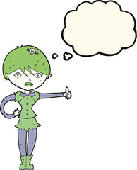 cartoon vampire girl giving thumbs up symbol with thought bubble