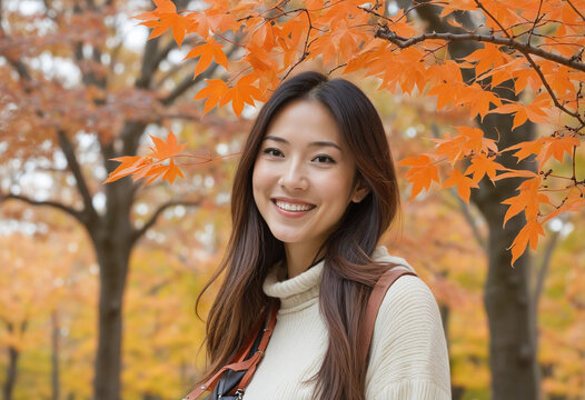 Autumn leaves and a smiling Japanese woman