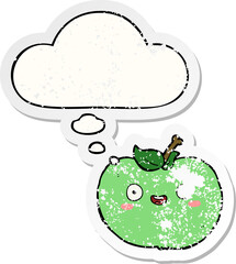 cartoon apple and thought bubble as a distressed worn sticker