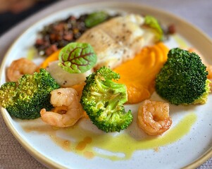dinner plate, halibut, fish, pumpkin puree, lentils with finely chopped bacon, shrimps, broccoli