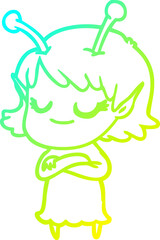 cold gradient line drawing smiling alien girl cartoon
