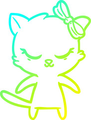 cold gradient line drawing cute cartoon cat with bow