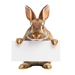 A rabbit holding a white board with a blank space on it Isolated on transparent background, PNG