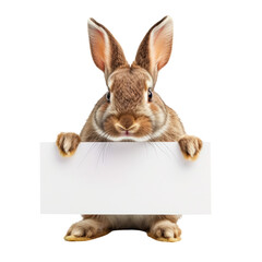 Obraz premium A rabbit holding a white board with a blank space on it Isolated on transparent background, PNG