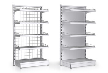 Retail shelf racks mockups made of metal mesh and solid metal back. 3d illustration set on white background