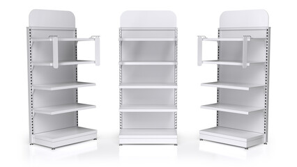 Retail display stands mockup with toppers and stoppers. 3d illustration set on white background