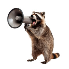 A raccoon is holding a megaphone and saying something. Isolated on transparent background, PNG