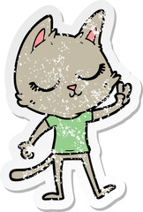 distressed sticker of a calm cartoon cat giving peace sign
