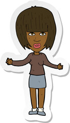 sticker of a cartoon woman shrugging shoulders