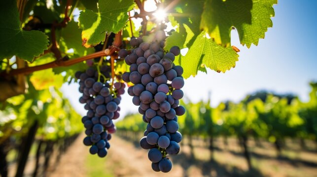 Close up detailed view of ripe grapes hanging on a vineyard branch in a beautiful natural background
