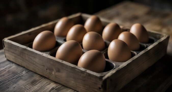  Freshly laid eggs in a rustic wooden crate