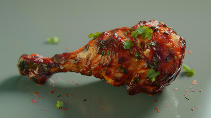 Spicy tandoori chicken leg on green background