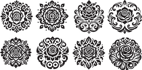 retro floral ornaments, thick lines for decorative patterns, classic design elements, black vector