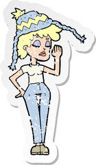 retro distressed sticker of a cartoon woman wearing winter hat
