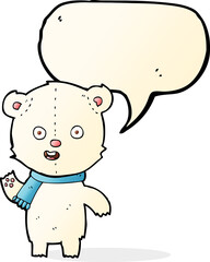 cartoon waving polar bear cub with scarf with speech bubble