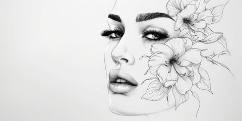 Generative AI, woman face sketch with beautiful flowers, banner with copy space