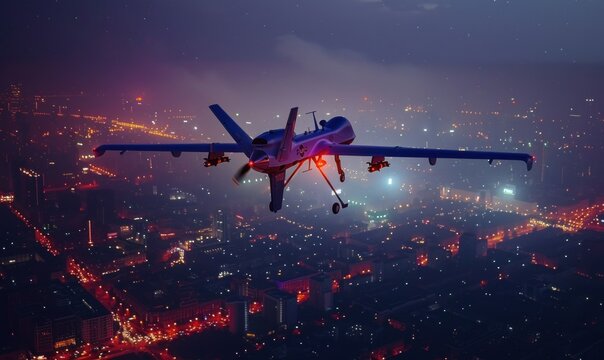 Darkened landscape illuminated by aerial drone, hinting at clandestine reconnaissance over vital infrastructure