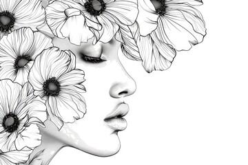 Generative AI, woman face sketch with beautiful flowers, banner with copy space