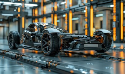 Fototapeta premium Urban speed machine: Assembling a high-performance racing car in a tech-savvy plant