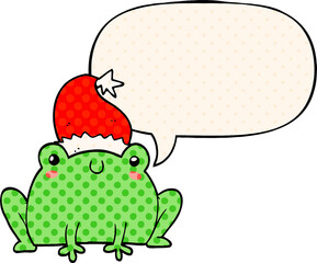 cute cartoon christmas frog and speech bubble in comic book style