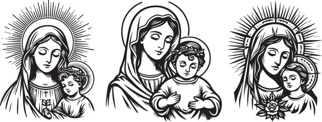 virgin mary with newborn jesus - emblem of divine motherhood vector illustration silhouette for laser cutting cnc, engraving, decorative clipart, black shape outline
