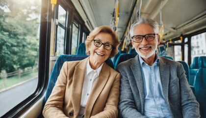 senior couple traveling by bus