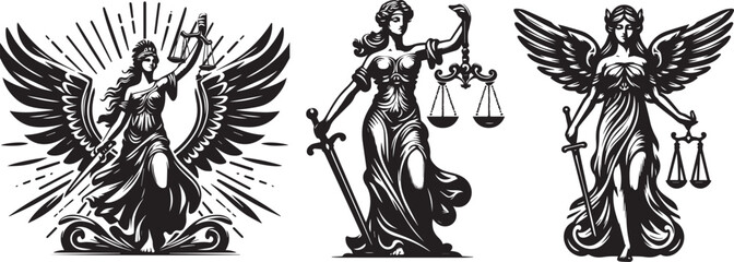 goddess of justice, Themis, statue, powerful silhouette of the body of a domineering and strong woman holding a sword and scales - obrazy, fototapety, plakaty