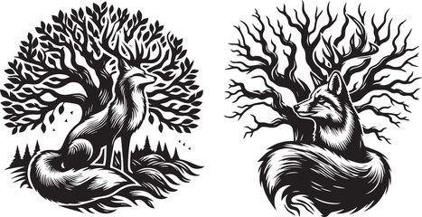 fox on the background of a tree, oak, decorative black vector graphics, wild animal on the background of the forest
