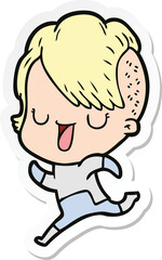 sticker of a cute cartoon girl with hipster haircut