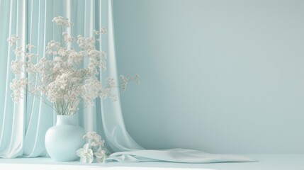 A soft, delicate arrangement of white flowers in a pastel blue vase against a curtain backdrop, apt for a calm and peaceful home decor inspiration post or a soothing wall print.