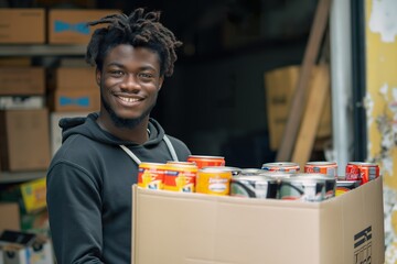 A young man is seen holding a box full of canned food, showcasing his act of collecting or transporting food supplies.