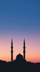 A mosque silhouette against a dusky sky gradients from blue to pink, perfect for a tranquil evening post during Ramadan or as a serene Eid greeting.