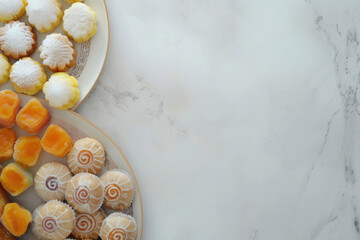 Fototapeta na wymiar Traditional sweets on a plate with a clean marble background—great for a culinary blog, a festive recipe feature, or as part of a cultural food presentation.
