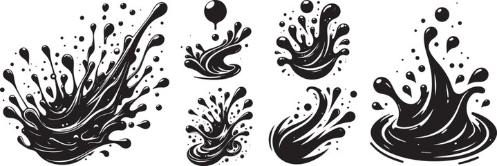 collection set of abstract shapes drops, splashes, and ink in black color, vector graphic