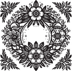 Fototapeta na wymiar Graceful monochrome floral design. A circle of leaves and blossoms in elegant grayscale.