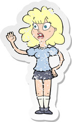 retro distressed sticker of a cartoon worried woman waving