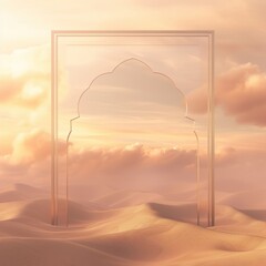 A surreal desert landscape framed within an arch, suitable for contemplative themes or as a metaphoric backdrop for Eid reflections and messages.