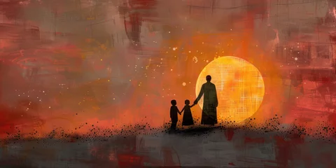Deurstickers Silhouettes of a parent and child against a vibrant sunset, ideal for themes of family and togetherness during Eid celebrations or as a background for greeting cards. © Ярослава Малашкевич