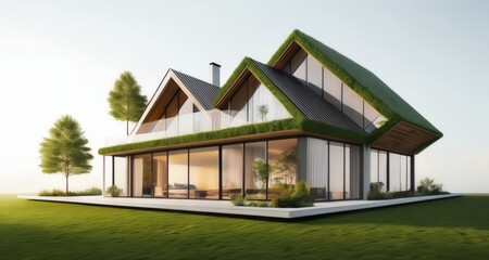 Fototapeta na wymiar Modern eco-friendly house with green roof and glass walls